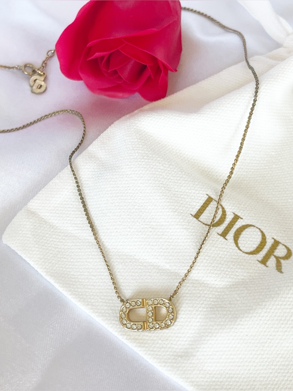 DIOR Vintage Gold Tone Diamante Logo Pendant Necklace